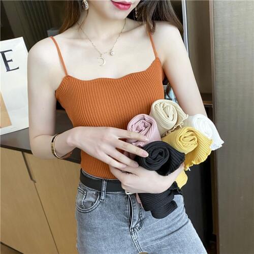 Girls Solid Knitted Sexy Camisole Female Sleeveless Thin Knitwear Slim T-shirts Base Tops
