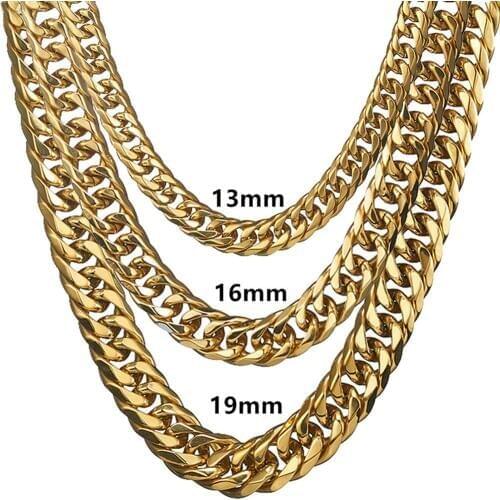 Gold Color Necklace Or Bracelet For Biker Men Stainless Steel Jewelry 13mm 16mm 19mm Double Curb Cuban Link Chian 7-40 Inches