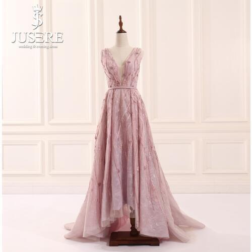 Jusere Stock Promotion V-Neck Heavy Beaded A Line Evening Dresses Floor-Length Prom Party Celebrity Gown