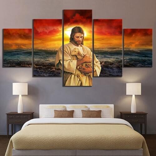 Religious Poster 5 Pieces Canvas Painting Jesus Holy light Wall Art Home Decor Modular Picture For Living Room Bedside Murals