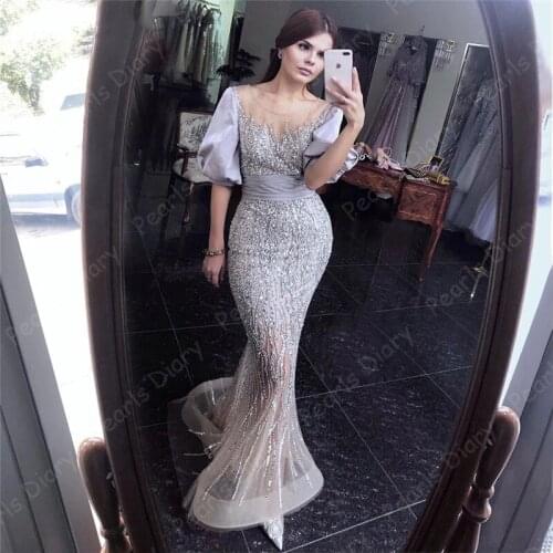 Silver Beaded Mermaid Evening Dresses 2021 Vestidos Long Gowns Half Puffy Sleeves Celebrity Dress For Women Party Gowns