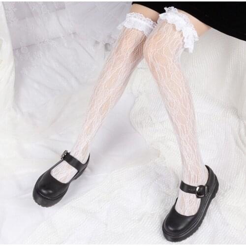 K3NF Japanese Women Thigh High Stockings Ruffles Lace Lolita Over Knee Long Socks