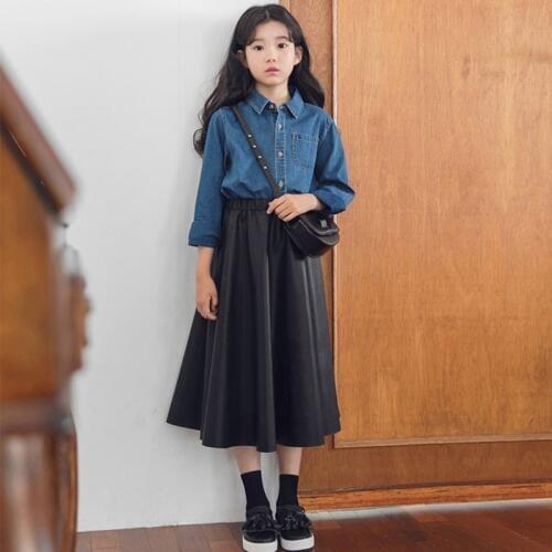Pu leather teenage girl skirt for school black toddler skirt child long one line spring autumn 2019 mom and daughter clothes