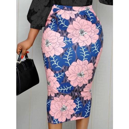 Women Print Skirt Floral High Waist Office Ladies Vintage Bocydon Slim Midi Elegant Classy Female African Fit Event Summer Jupes
