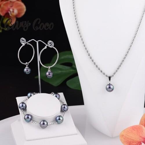 Cring Coco Stainless Steel Jewelry Sets High Quality Bracelet Hoop Circle earrings Set Trendy Peral Chain Necklaces for Women