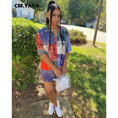 CM.YAYA Women Bandanna Short Sleeve Blouses Style Dress Fashion Slim Turn-down Neck Dresses