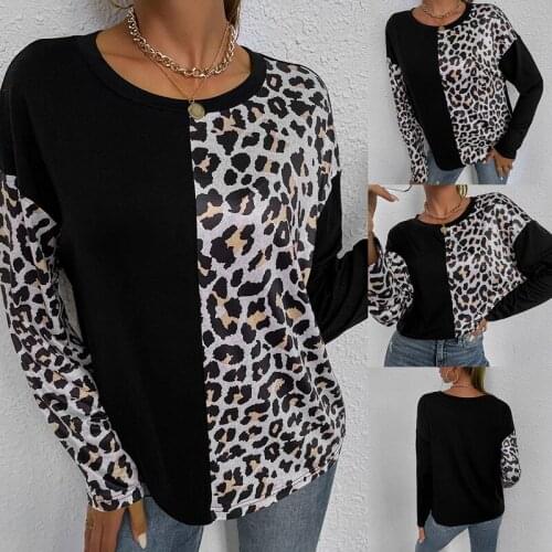 Womens New Stitching Leopard Print Round Neck Long Sleeve Casual Loose T-Shirt Black