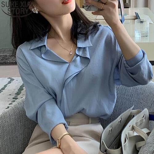 French Style Vintage Long Sleeve Shirt Women Blouse Spring and Autumn Blue Shirt Office Lady Turn-down Collar Tops Blouses 11347