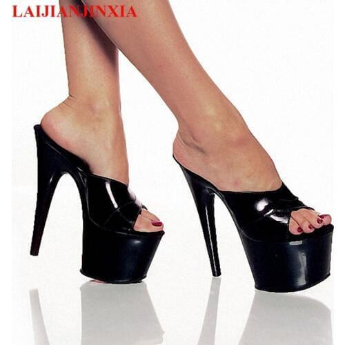 LAIJIANJINXIA 7 Inch High Heel Slippers For Women Summer 2017 Slippers Open Toe Stiletto Sexy Plus Size 17cm Womens Dance Shoes