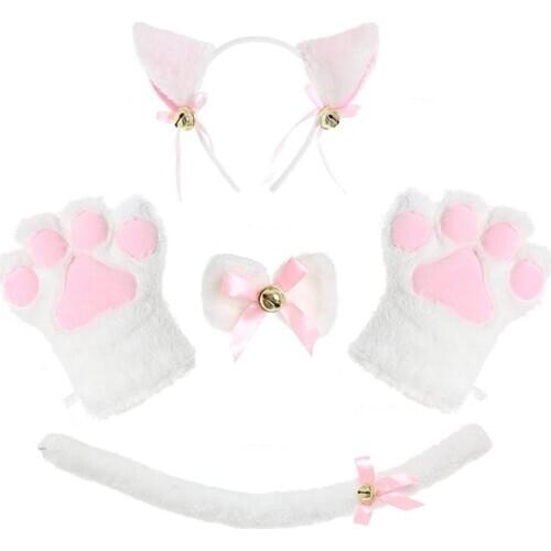 Women Cat Maid Cosplay Costume Plush Ear Bell Headband Bow Tie Choker Gloves