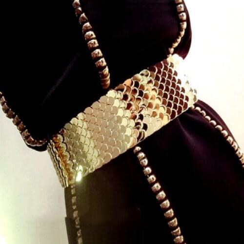 Women Waistband New Fashion Shiny Metal Decoration Scale Small Belt Splicing Elastic Matching Dress Yellow Scales shape