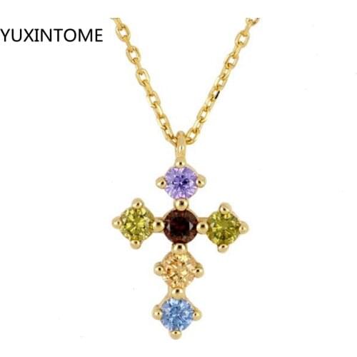 Rainbow Zirocn 925 Sterling Silver Cross Pendant Long Chain Necklace For Women Fashion Gold Silver Color Necklace Jewelry