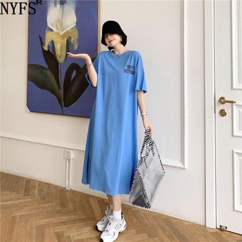 NYFS Summer Dress 2021 Korean New Loose Short Sleeve Woman Dress Vestidos Robe Elbise Fashion Split Long Dresses