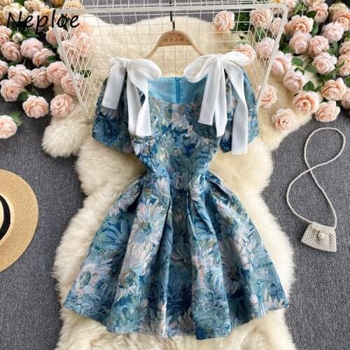 Neploe Ladies Vintage Jacquard Short Puff Sleeve Female Robe Bowknot Strap High Waist Print Vestidos Summer Knee-length Dresses