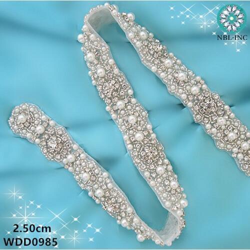 10 YARDS) Wholesale bridal beaded pearl rhinestone applique trim iron on for wedding dress belt WDD0985