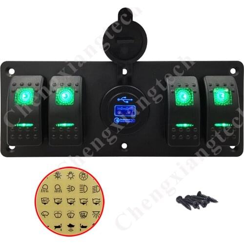 4 Gang Green Rocker Switch + Blue USB Quick Charger Socket 5 In 1 Aluminum Panel for Car Boat Caravan Truck 5 Gang Switch Panel