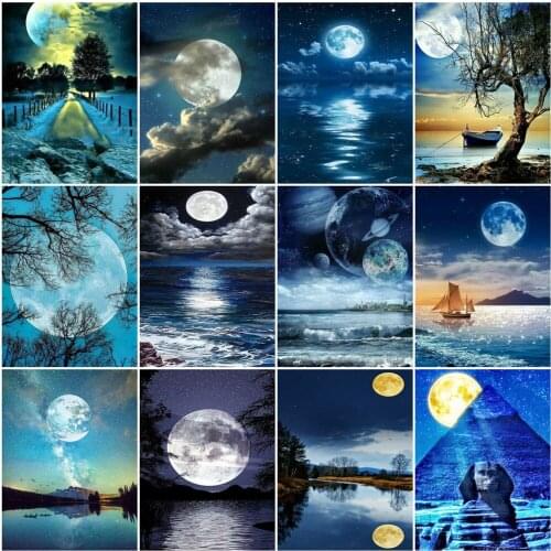Huacan Diamond Embroidery Complete Kit Moon Seaside 5D Diamond Art Painting Kits Landscape Mosaic Beaded Pictures Home Decor