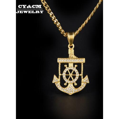 CY&CM Men Stainless Steel Pendant Necklace Gold Anchor Nautical Steering Wheel Jesus Christ Crucifix Cross Rhinestone Jewelry