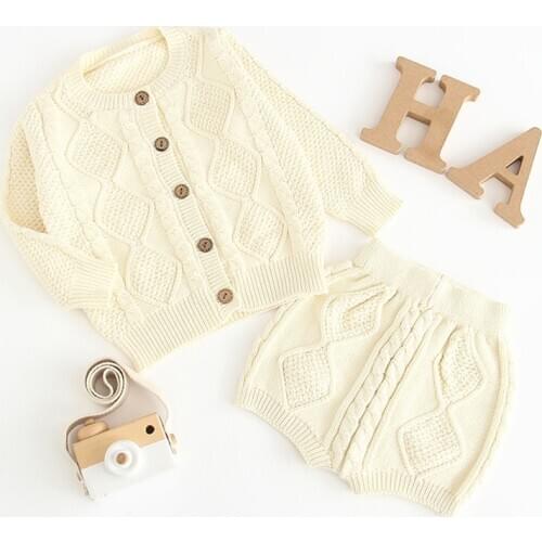 2021 New Year Autumn Baby Sweater Cotton Set Childrens Clothing Set Boys And Girls Baby Knit Sweater Cardigan + Shorts Set