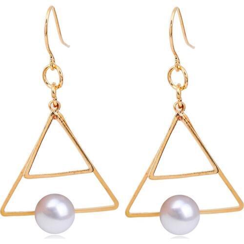 Simulated Pearl Double Triangle Drop Earrings Women Hollow Eardrop Dangle Gold Color Pendientes Jewelry Accessory