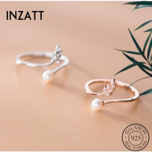 INZATT Real 925 Sterling Silver Pearl Zircon Plant Cross Adjustable Ring For Women Wedding Fine Jewelry Bohemian Accessories