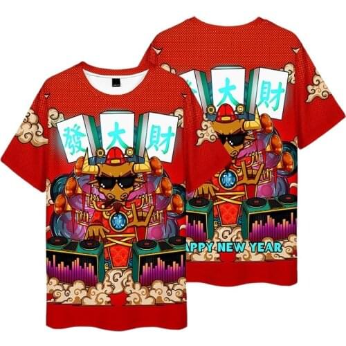 Chinese Style Red Print Short Sleeve T shirt Tops & Tees Fashion Casual Couple Shirt XXS-4XL