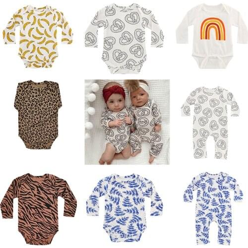 EnkeliBB Baby Unisex Long Sleeve Rompers Autumn Winter New Arrivals Leopard Banana Rainbow Pattern Onesie Infant Cotton Clothes