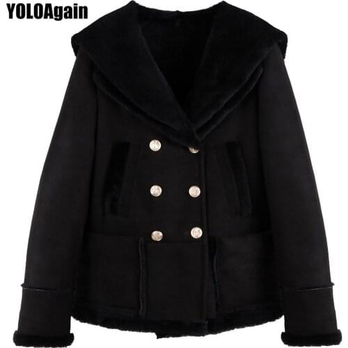 YOLOAgain high quality women double breasted black shearling jacket winter warm thick ladies fur lining shearling coat