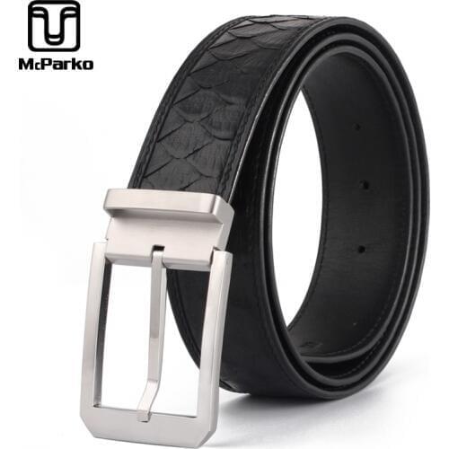 McParko Genuine Python Leather Belt Men Pin Buckle Suit Belt Straps Classical Business Waist Belts Snake skin Leather Black New