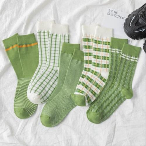 New Japanese Girl Matcha Color Plaid Socks Spring and Summer Ins Harajuku Style Couple Socks Green Cotton Socks