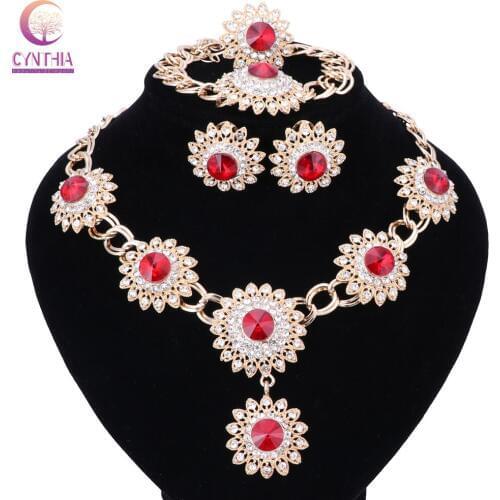 New African Jewelry Sets Gold Color White/Blue/Red/Pink Crystal Women Wedding Necklace Bracelet Earring Ring Set 5 Colors