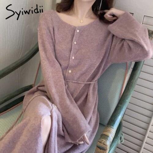 Syiwidii sweater dress women casual loose ribbed knitted dress women solid single breasted with belt autumn winter women clothes