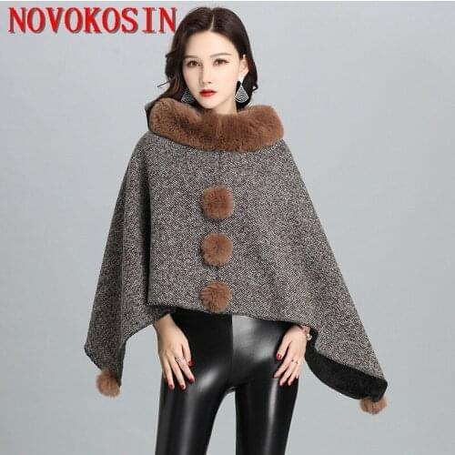 2021 Winter Plus Velvet Warm O Neck Faux Rabbit Fur Women Capes Solid Fur Ball Poncho Plus Size Pullover Autumn Triangle Coat