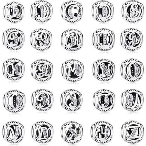 Silver Plated Vintage A To Z Alphabet Letter Beads Fit Original Charm Bracelet Bangle DIY Jewelry