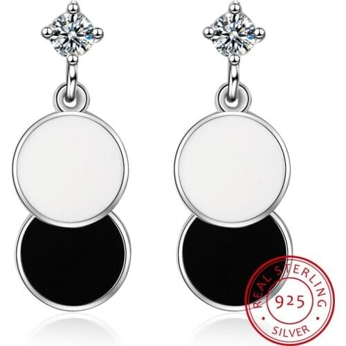 Simple Black and White Round Geometric Wafer Charm 925 Sterling Silver Earring oorbellen For Women Gift S-E844