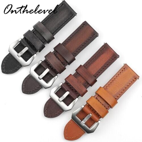 ONTHELEVEL Handmade Vintage Watchband Genuine Leather Watch Strap Red/Black/Blue Replacement Band Buckle 24mm