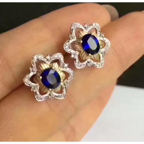 Blue sapphire earring Natural real sapphire 925 sterling silver Free shipping 3*5mm 2pcs gemstnoe