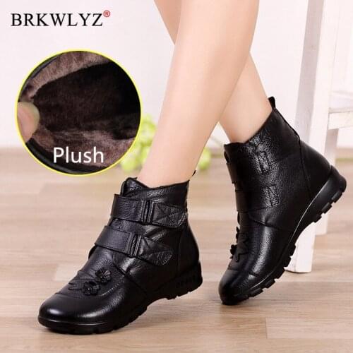 Winter Genuine Split Leather Ladies Ankle Short Boots Soild Flat Flower Round Toe Plush Platform Women Shoes