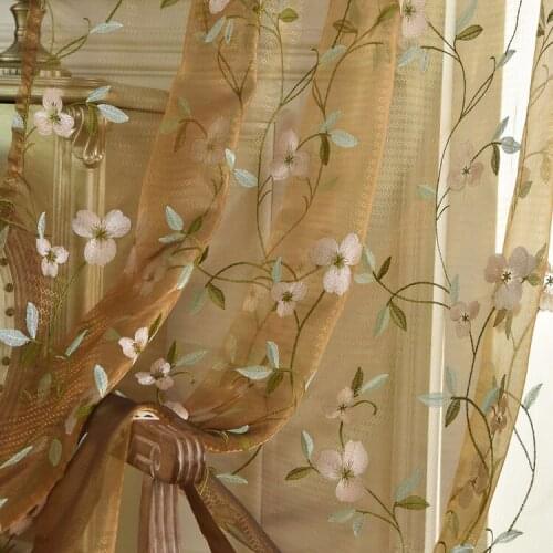 Coffee Color Magnolia Curtain Chinese Embroidery Tulle Curtains for Living Room for Bedroom Embroidery Treatment Home Decoration