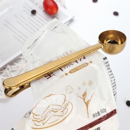 Two-in-one Stainless Steel Coffee Spoon Sealing Clip Kitchen Gold Accessories Recipient Cafe Expresso Cucharilla Decoration