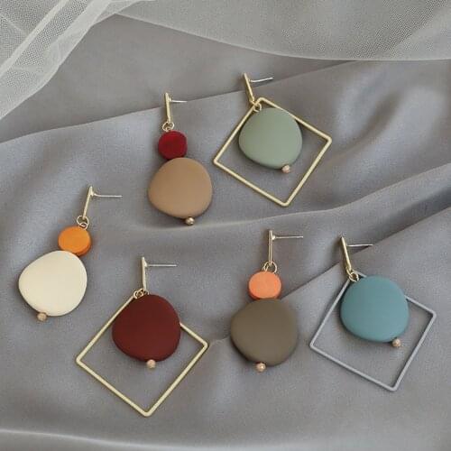 Vintage Contrast Color Geometric Earrings for Women Mujer Enamel Metal Square Round Asymmetric Dangle Earrings Party Jewelry