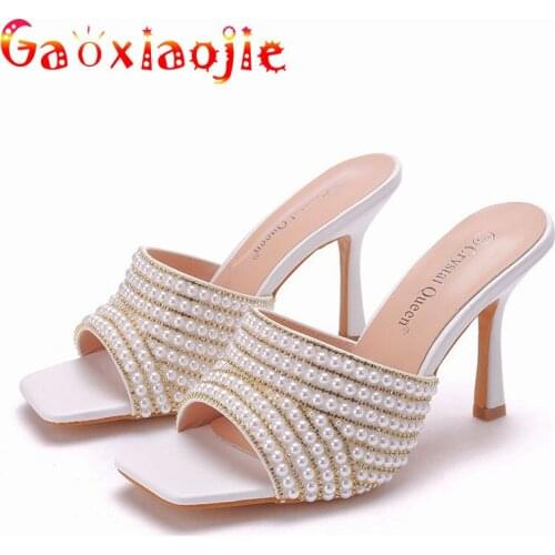 2021 White Pearl Women Slippers Fashion Square Toe Slides Summer Sandals Shining Diamond Metal Chain 9CM Party High Heel Shoes