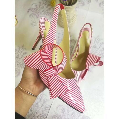 Summer Striped High Heel Pumps Women Sling Back Gladiator Sandals Women Pointed Toe Bowtie Shoes Woman Plus Size 35-43