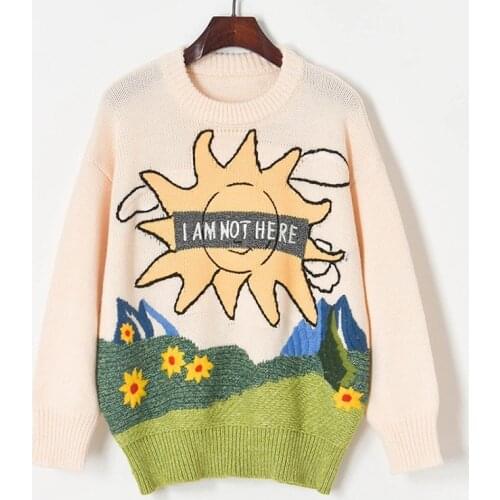2021 Autumn Winter Women Sweater Pullovers V-Neck Knit Tops Loose Streetwear Cartoon Slogan Embroidery Jumper Jersey Korean Lady