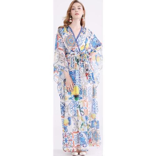 2020 new designer fashion Maxi dress Womens Batwing Sleeve V-neck Blue and White Porcelain Print Casual Loose Beach long Dress