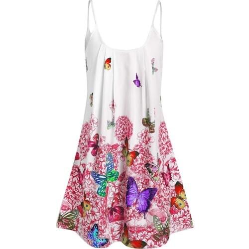 Womens Dress Fashion Plus Size Casual Summer Print Butterfly Sleeveless Sling Mini Dress Bohemian Beach Party Dress Vestidos