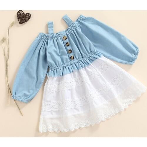 2-7Y Children Girls Long Sleeve Casual Dress 2021 Summer Autumn Off Shoulder Splicing Lace A-line Dress Princess Kids Clothes