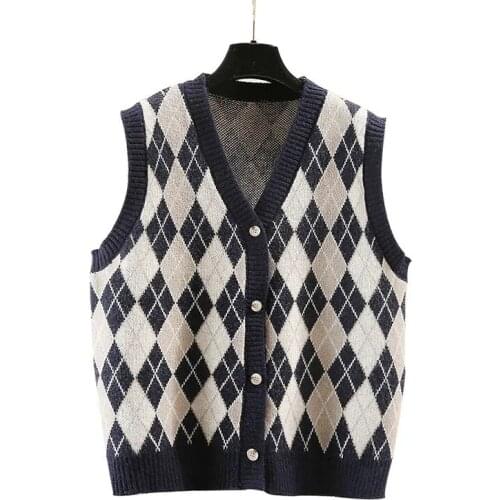 Diamond plaid retro sweater vest knitted cardigan vest jacket women loose outer wear with v-neck waistcoat waistcoat