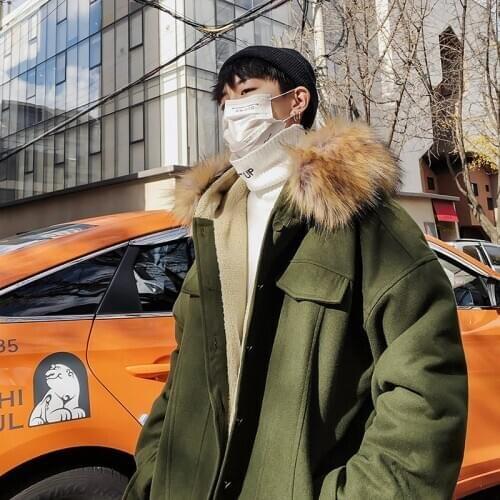 Winter Mens Thick Warm Parkas Coat Hooded Fur Collar Loose Outwear Woolen Blends B34