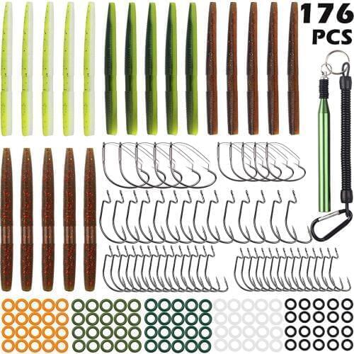 176Pcs/Box Wacky Rig Worm Kit Artificial Soft Plastic Bait Wacky Rig Tool Worm O-Rings Jig Hooks Fishing Lures Tackle Kit